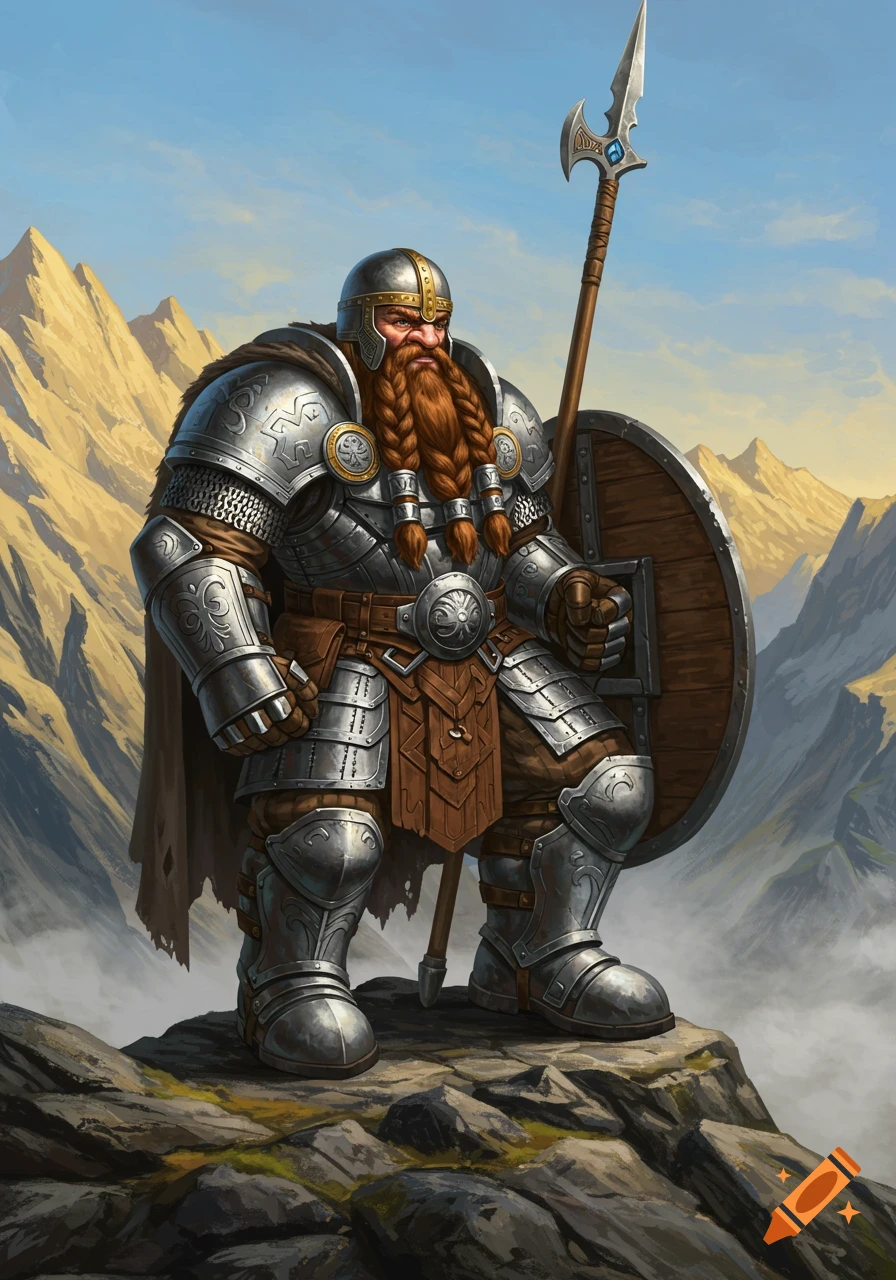 A heavily armored dwarf warrior with a long braided red beard stands on a rocky mountain peak, holding a spear and shield.