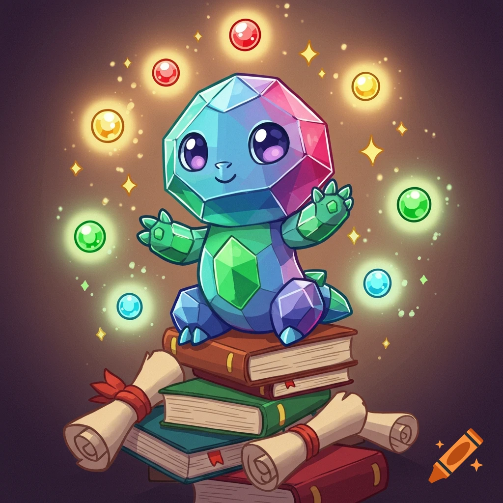 A cute, cartoon gem creature with colorful facets sits on a stack of books and scrolls, surrounded by glowing orbs and sparkles.