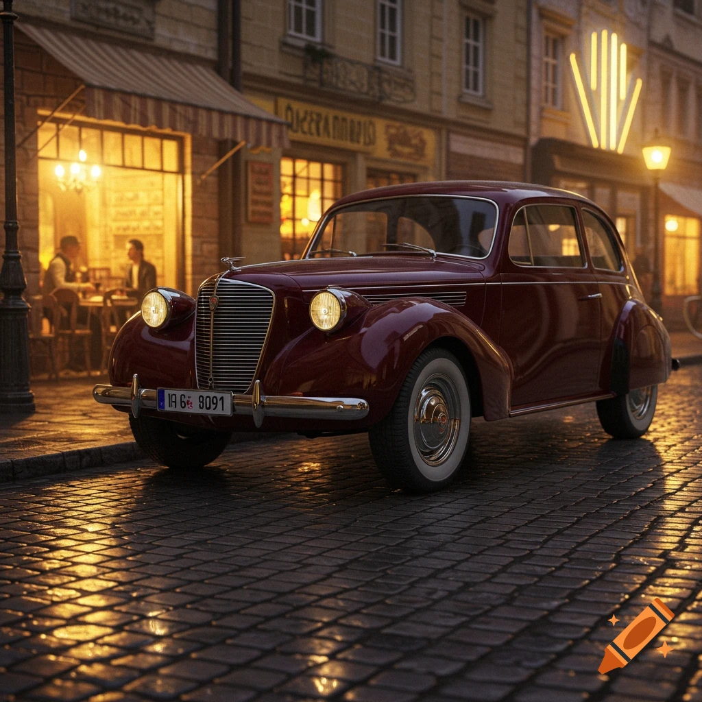 Dark red vintage car parked on a wet cobblestone street at night, with illuminated buildings and a cafe in the background, photorealistic style.