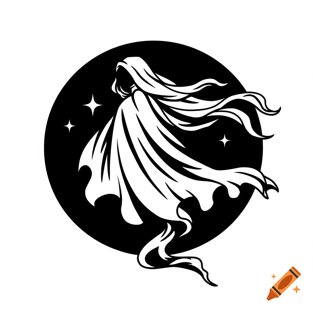 Black and white vector illustration of a hooded wraith with flowing robes and hair, within a black circle with stars.
