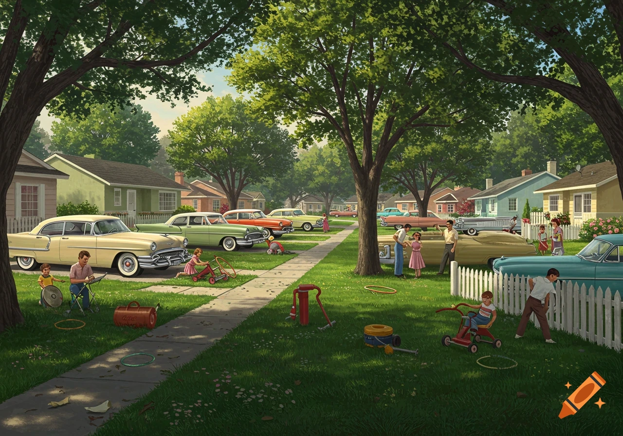 A vibrant 1950s suburban illustration with families, children playing on lawns, and classic cars parked on a tree-lined street.