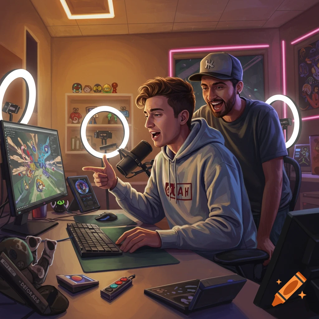 Two men, possibly YouTubers or streamers, in a brightly lit gaming room with computers, microphones, and ring lights, engaging with content on screen.