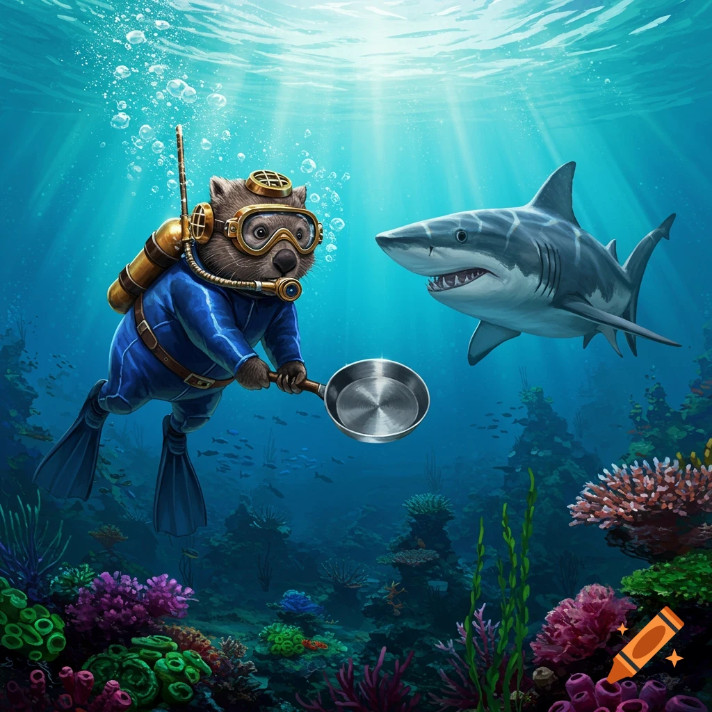 An illustrated scuba diving wombat holds a frying pan, facing a great white shark underwater amidst colorful coral reefs.