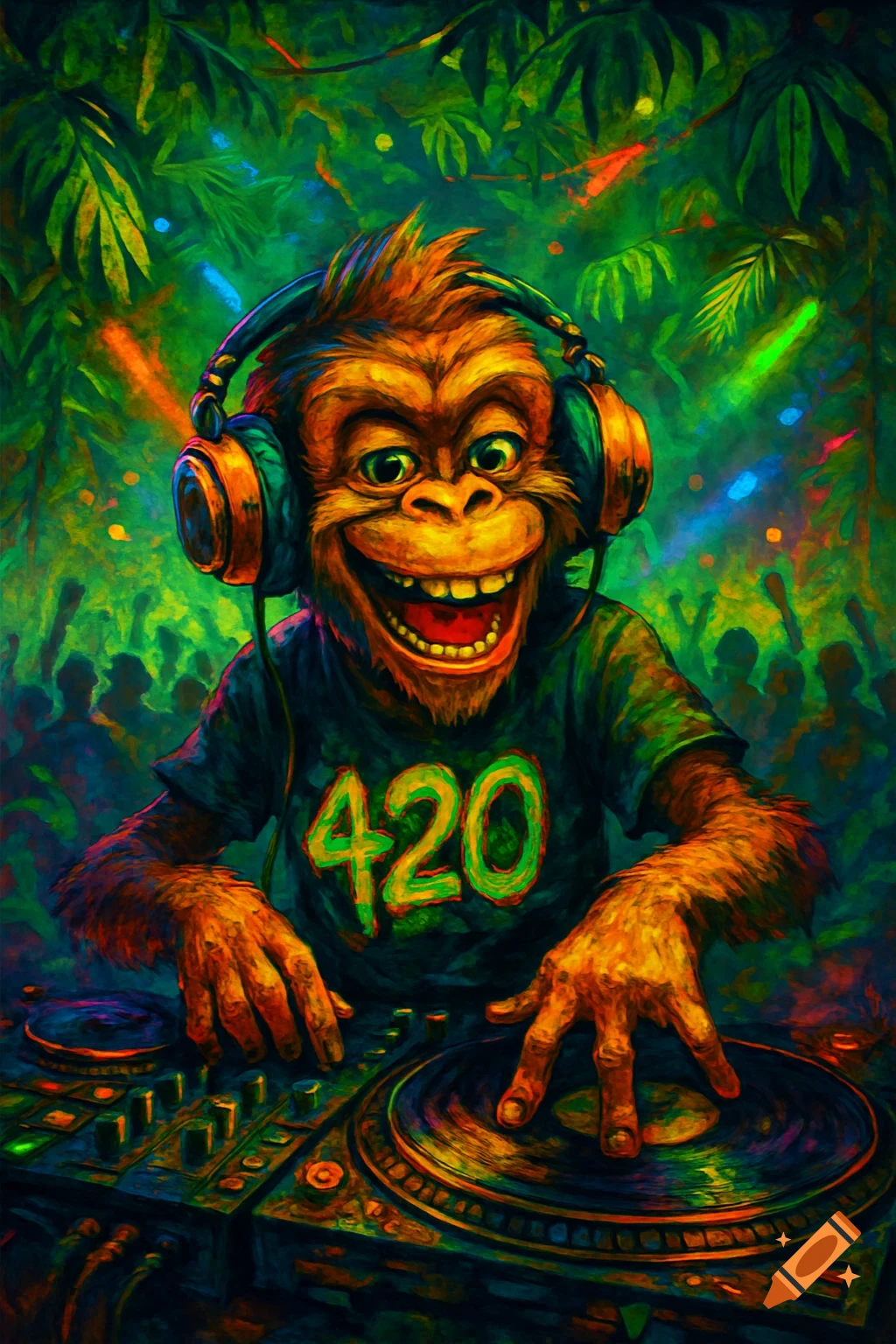 Vibrant, stylized monkey DJ in headphones and '420' shirt, mixing records in a neon-lit jungle club.