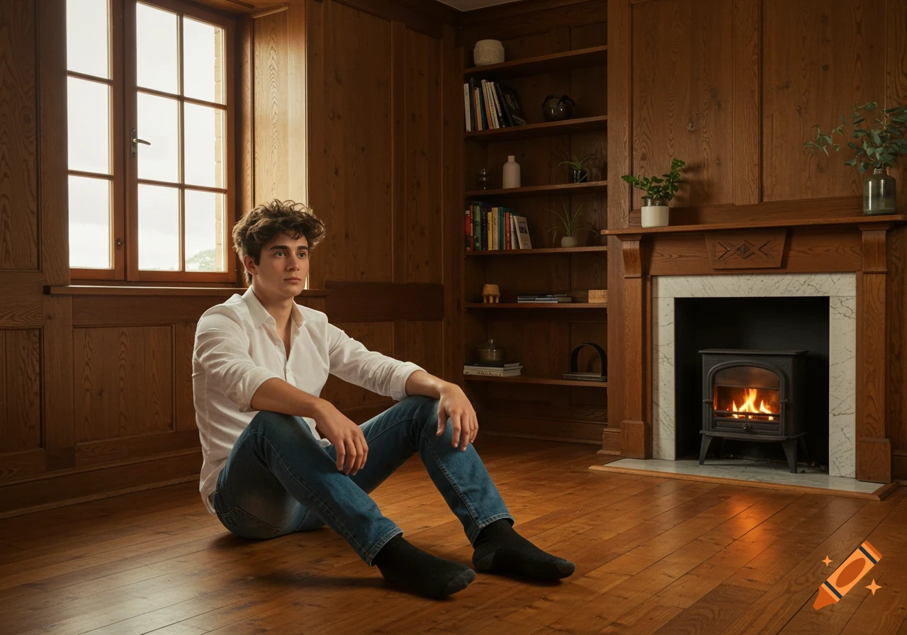 A young man with curly brown hair sits on the wooden floor of a well-lit room with wood paneling, a window, bookshelf, and fireplace.