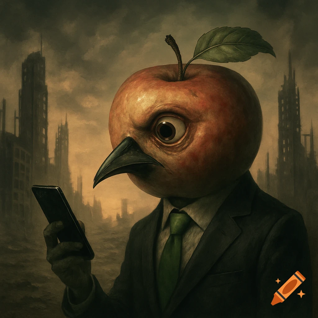 A surreal, dark digital painting of an anthropomorphic apple-headed figure with a beak, wearing a suit, looking at a phone in a dystopian city.