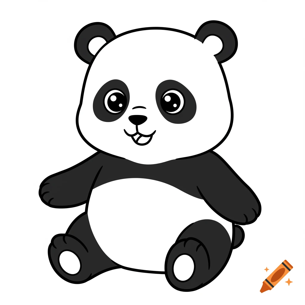 A cute, happy cartoon panda in black and white line art, sitting on a white background.