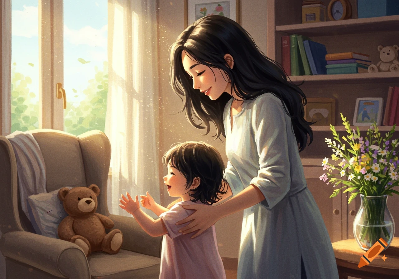 An illustration of a mother and child in a sunlit room, with the child smiling up at the mother.