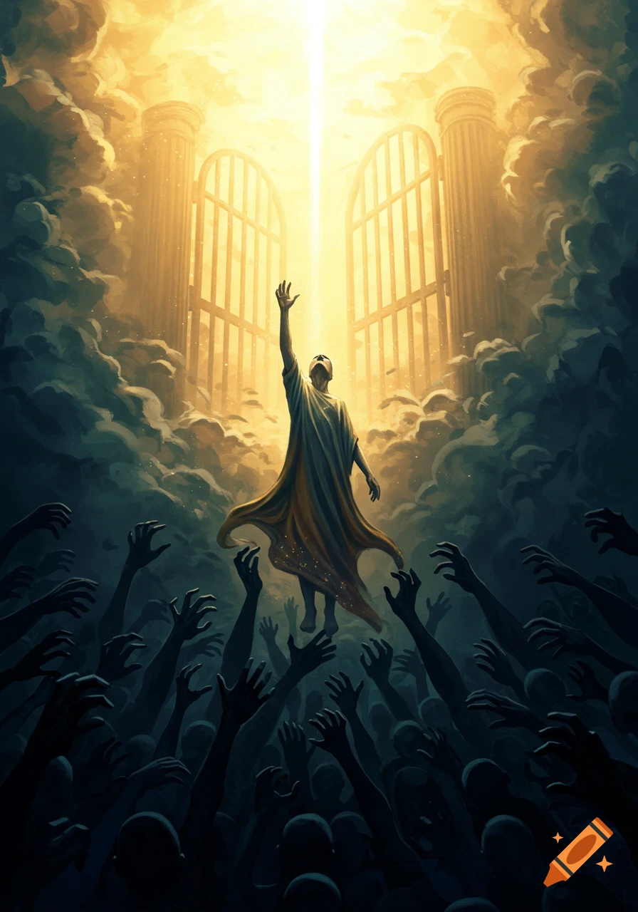 A robed figure ascends towards glowing gates in golden clouds, reaching with one arm, while shadowy hands pull from below in a dramatic painted style.