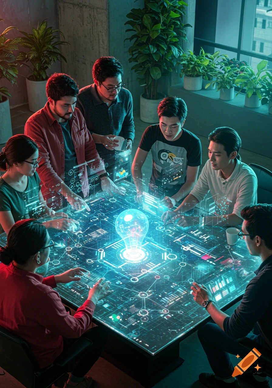 Diverse team collaborates around a glowing holographic table displaying circuit patterns and a lightbulb, symbolizing innovation.