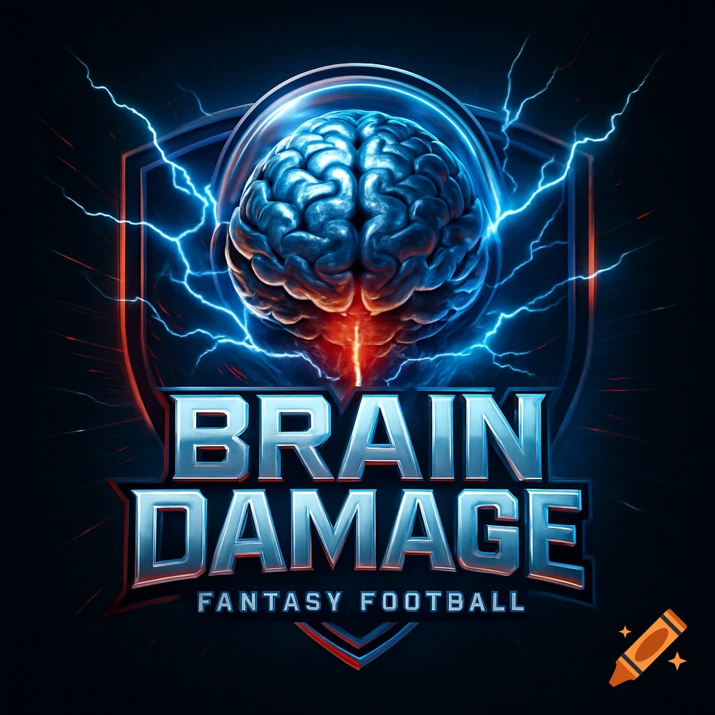 Stylized logo with a glowing brain, blue lightning, and text 'Brain Damage Fantasy Football' on a dark shield.