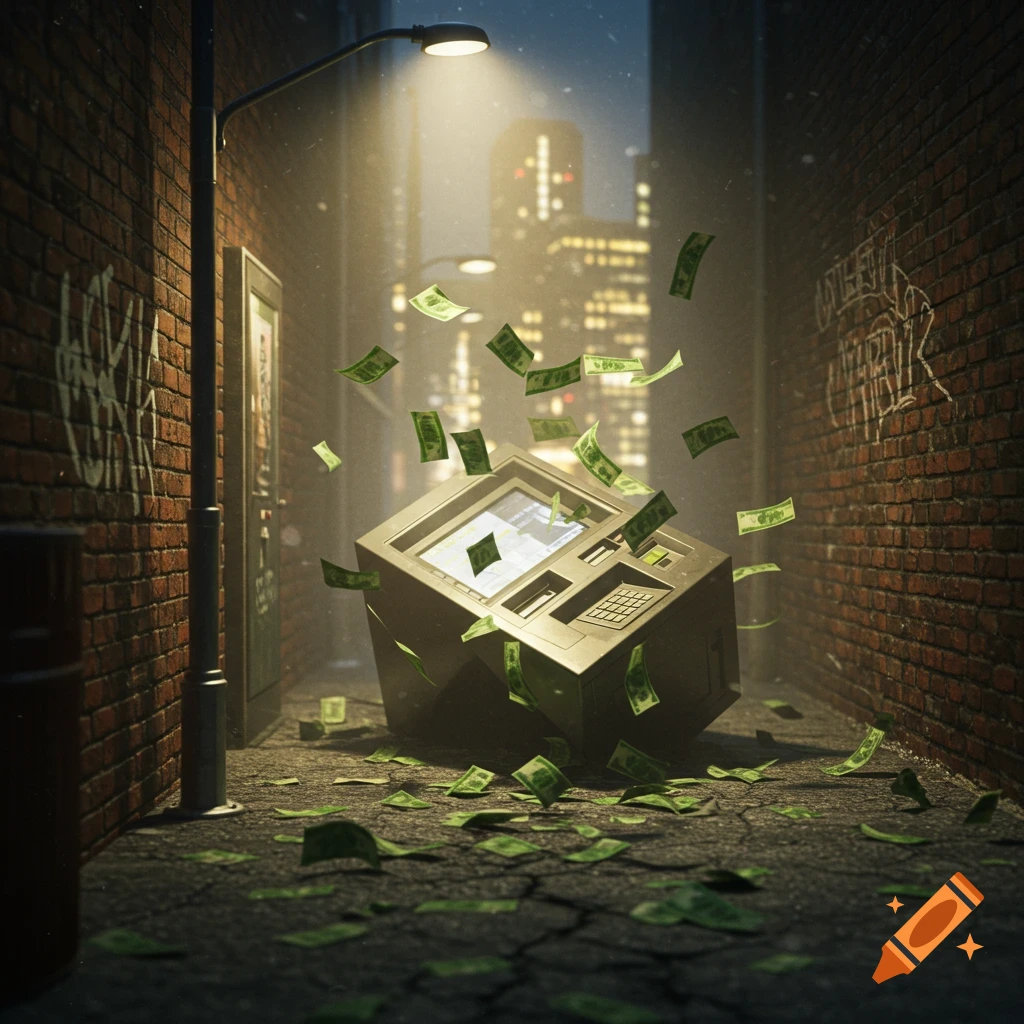 A knocked-over ATM spills money onto a dark, wet alleyway with brick walls and city lights in the background. Photorealistic style.