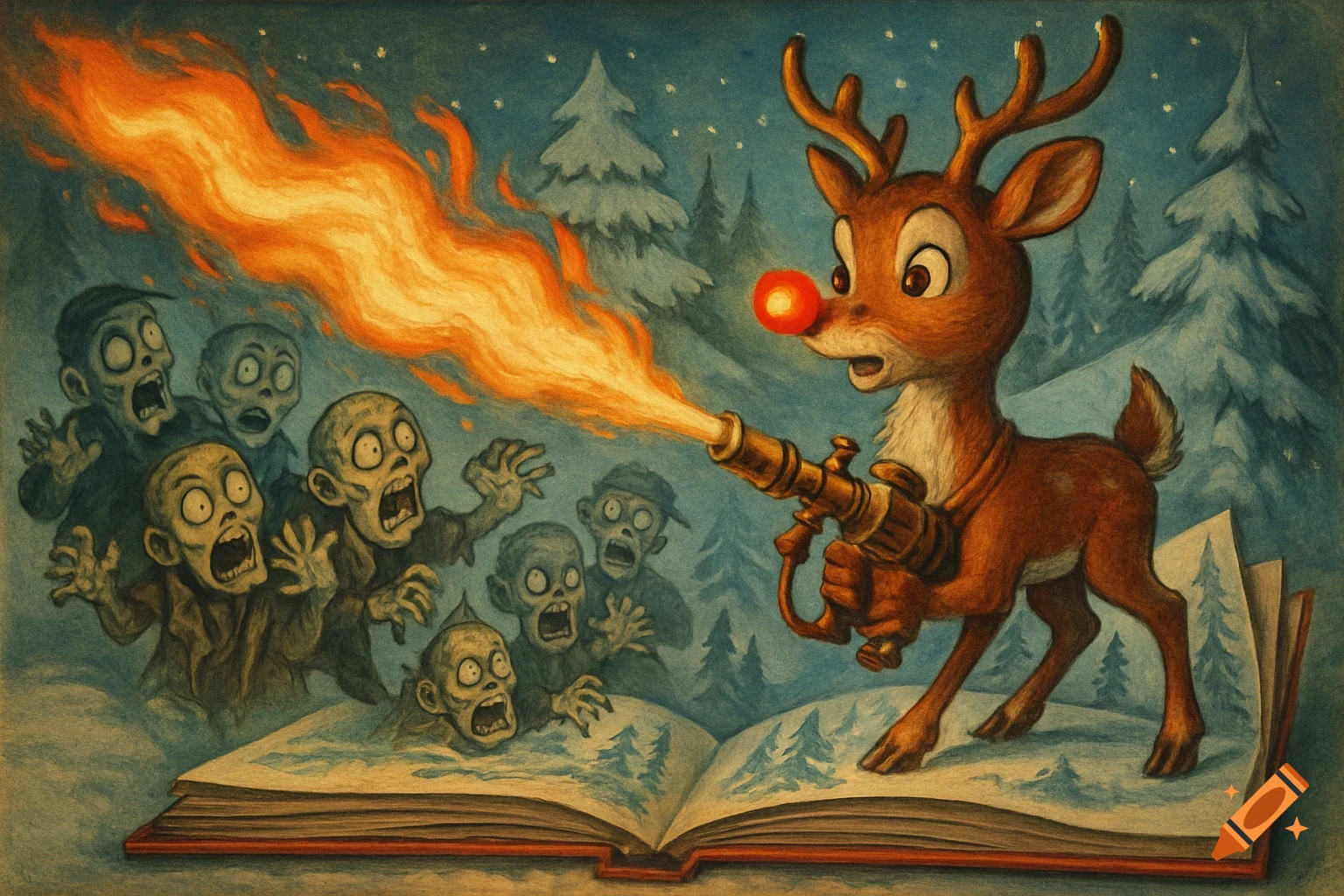 Vintage illustration of Rudolph the Red-Nosed Reindeer with a flamethrower, battling zombies emerging from a pop-up book in a snowy forest.