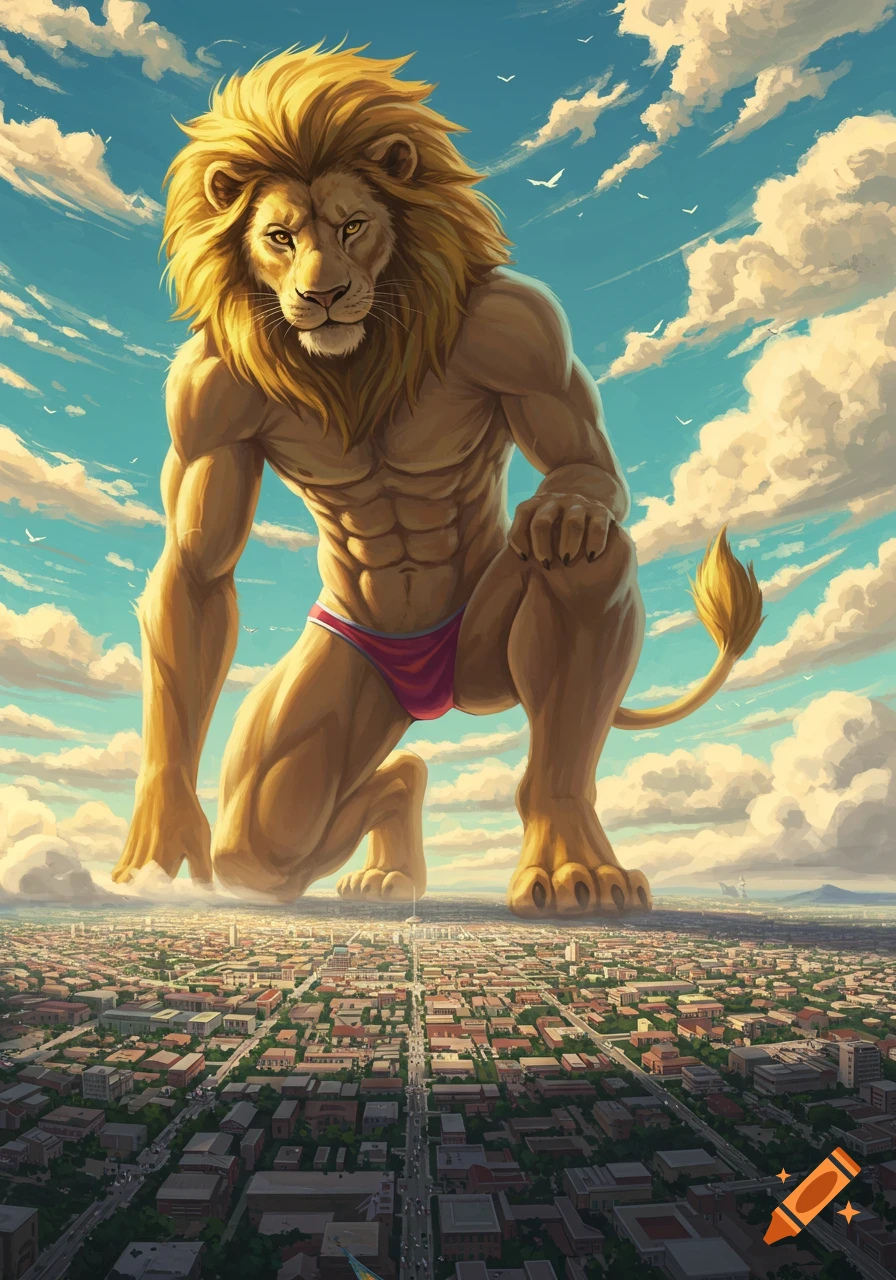 A gigantic, muscular anthropomorphic lion wearing a red speedo kneels over a tiny city, towering into a cloudy sky.