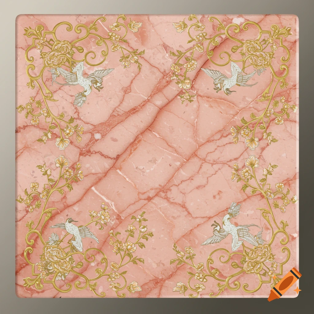 Realistic square pink marble tabletop with ornate gold chinoiserie floral vines and white birds.