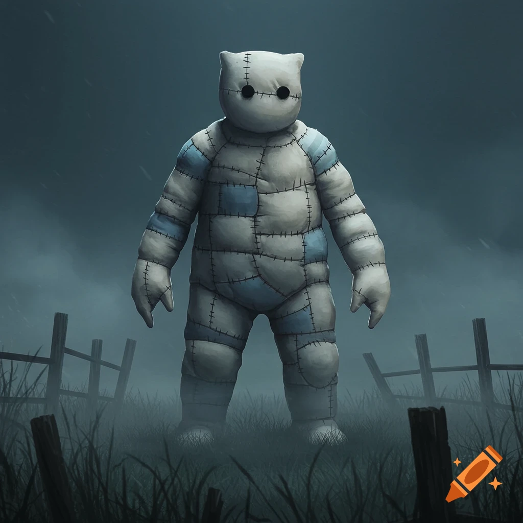 A patched, humanoid creature with black button eyes stands in a misty field with wooden fences under a dark, stormy sky.