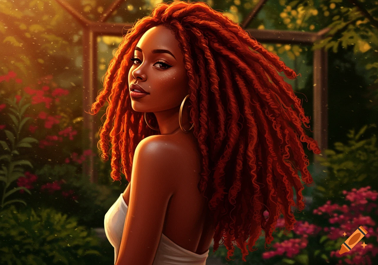 A beautiful Black woman with fiery red locs poses outdoors, bathed in warm golden light.