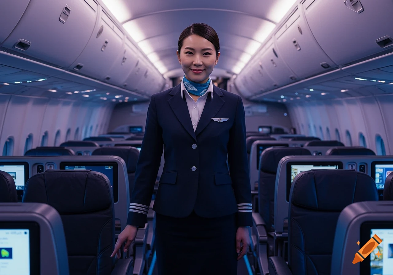 Photorealistic portrait of a smiling female flight attendant in uniform standing in an airplane aisle.