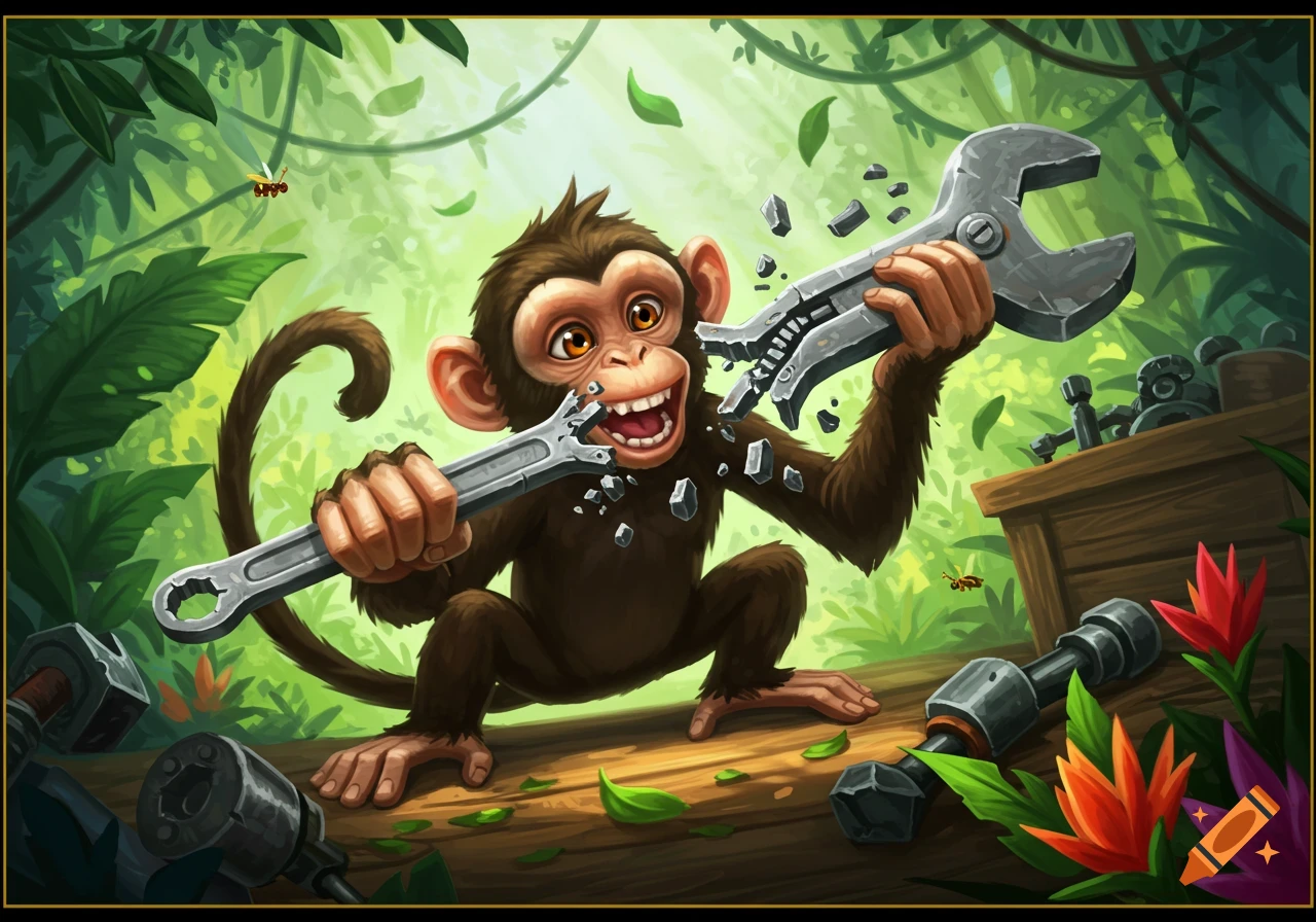 A happy cartoon monkey in a jungle setting breaks a large metal wrench in half with its teeth, bits flying.