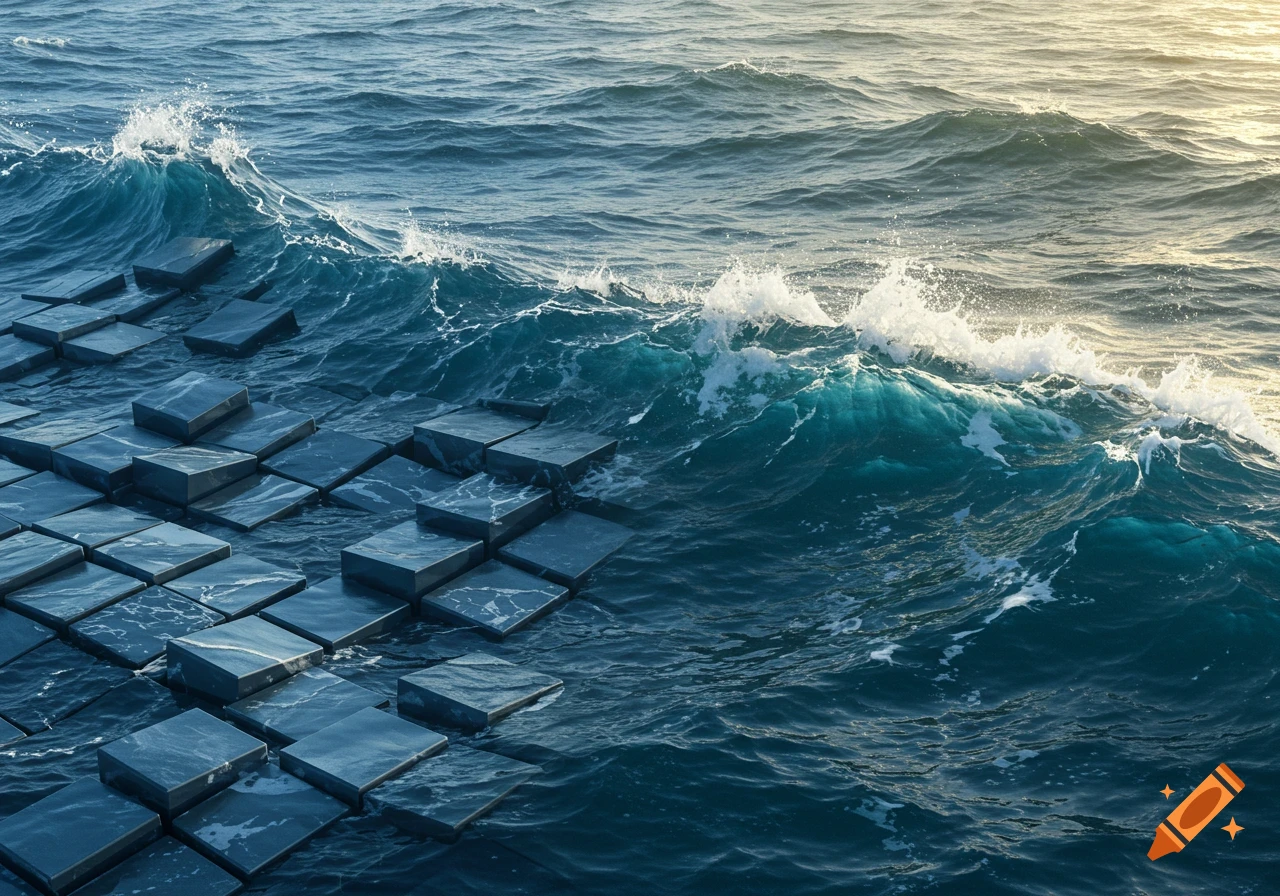Crashing ocean waves on the right morph into dark geometric square blocks in water on the left.