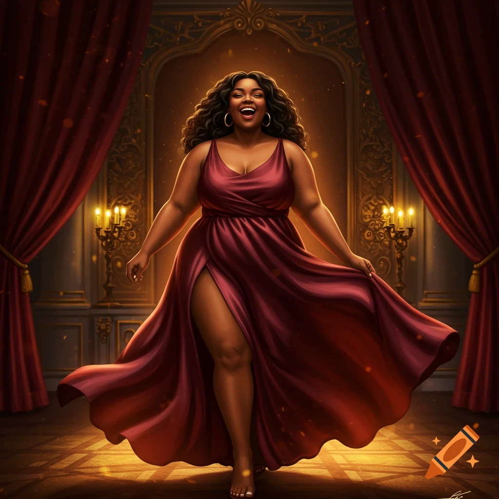 A smiling, curvy plus-size woman in a flowing maroon dress with a high slit, posing in an ornate, dramatically lit hall.