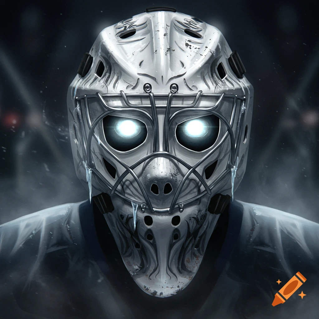 A detailed digital illustration of a scary white hockey goalie mask with a metal cage, glowing white eyes, and ice drips.