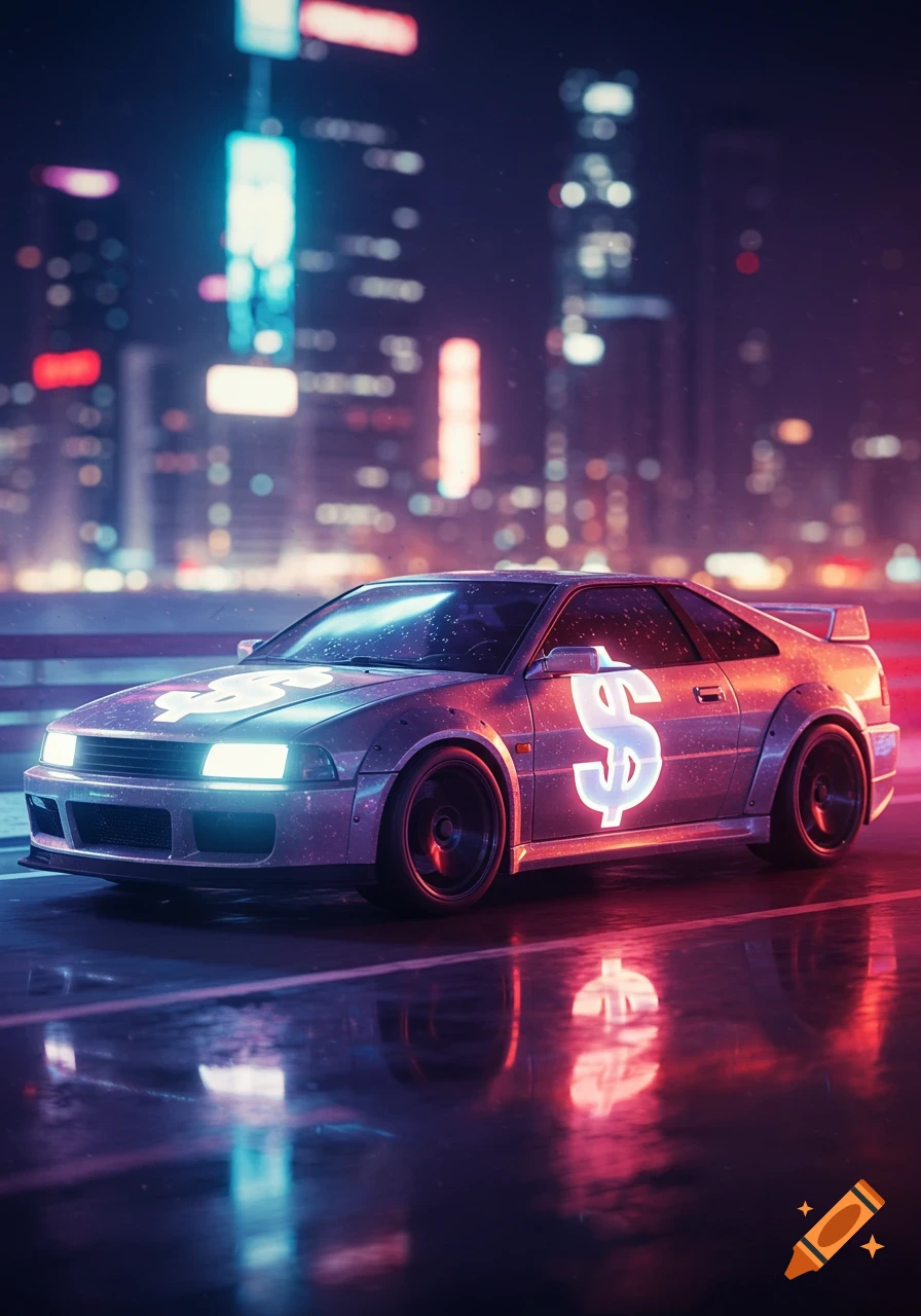 A neon-lit car with glowing dollar signs on a wet city street at night, with blurred city lights in the background.