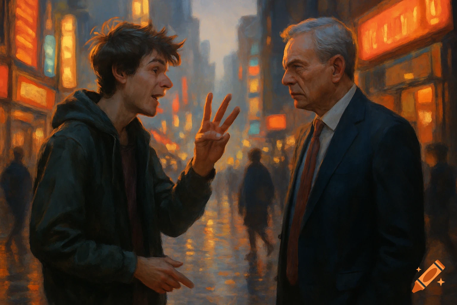A painterly image of two men on a city street at night, one gesturing with three fingers while speaking to the other.