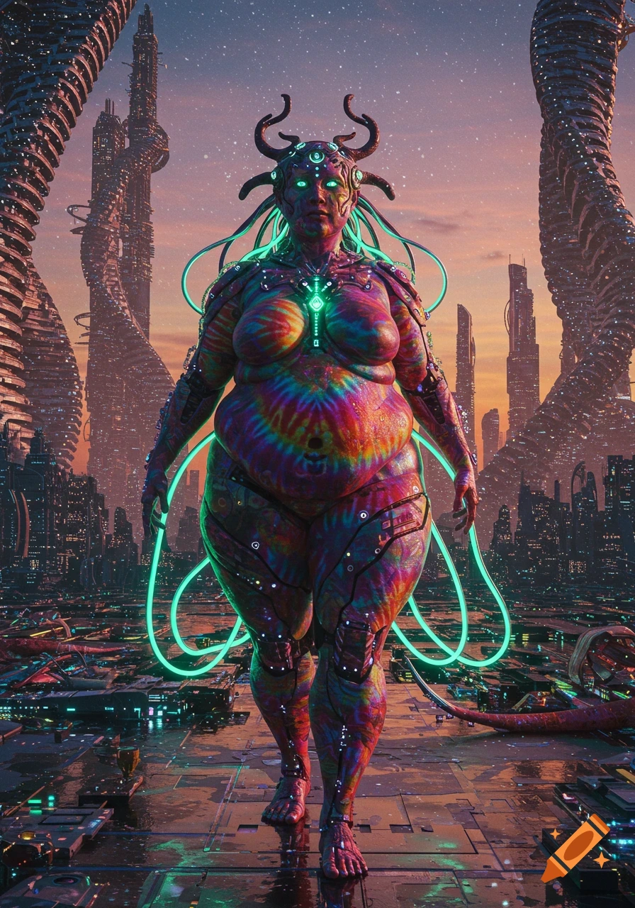 A colorful, chubby, horned biomechanical goddess stands in a futuristic cyberpunk city with glowing neon elements under a starry sky.