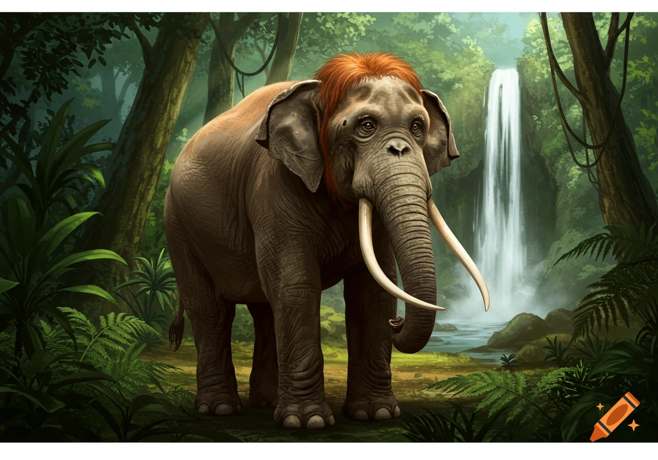 A red-haired elephant stands in a lush jungle with a waterfall in the background, digital illustration style.