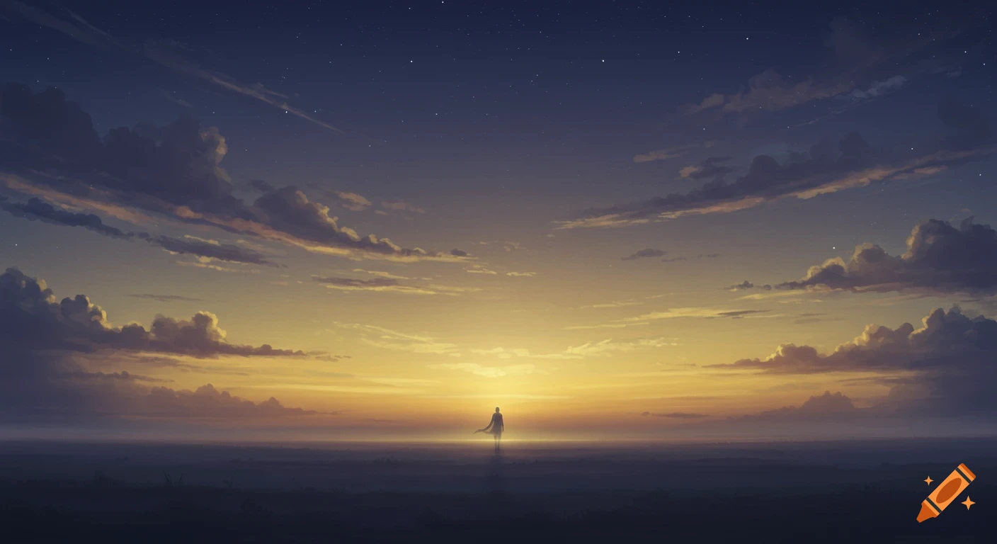 Dreamlike anime landscape at twilight with a lone figure silhouetted against a golden-orange sunset, under a deep indigo sky with clouds.