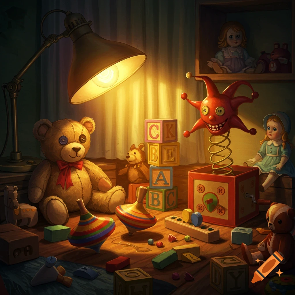 A nostalgic illustration of a dimly lit room with various toys including a teddy bear, jack-in-the-box, alphabet blocks, and spinning tops.