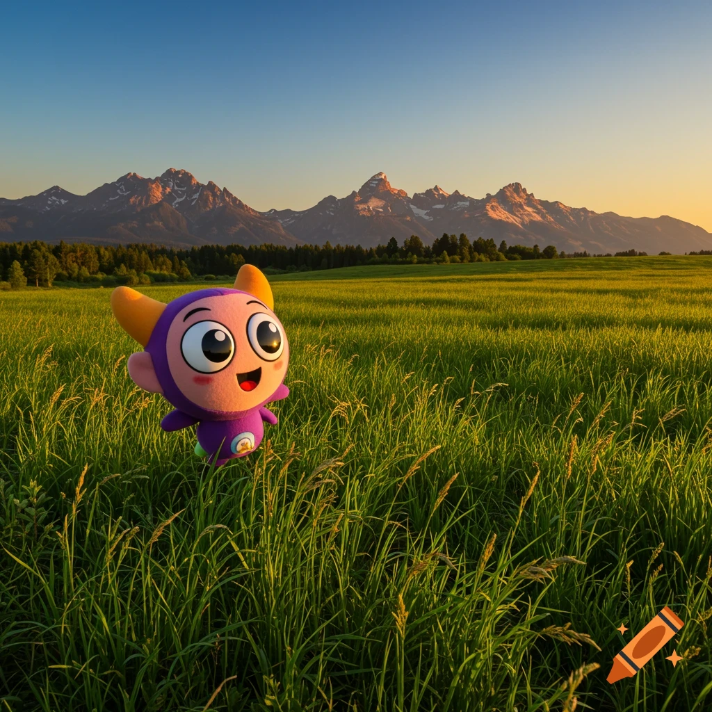 A cute, purple cartoon character with large eyes and orange horns stands in a sunny, green field with distant mountains at sunset.