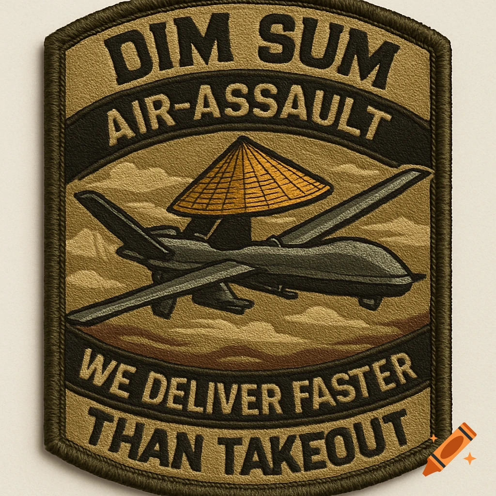 A military-style morale patch featuring a drone wearing a conical hat. Text reads 'Dim Sum Air-assault' and 'We deliver faster than takeout'.