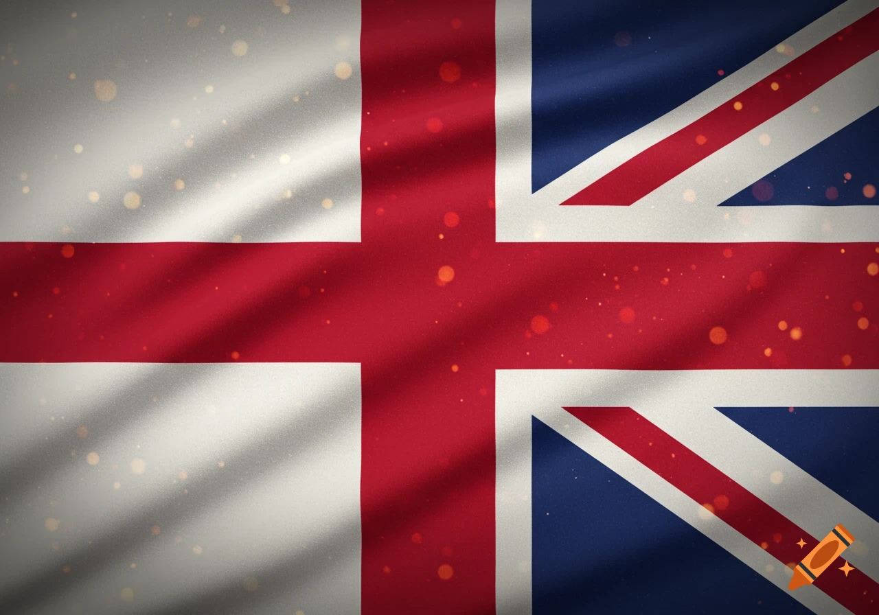 Textured, waving flag combining the English St. George's Cross and the Union Jack, with a shimmering light effect.