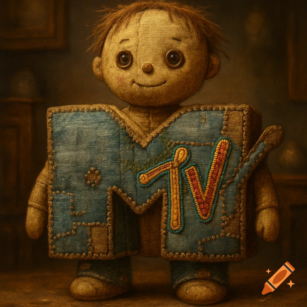 An antique-style cloth doll with the MTV logo stitched on its chest.