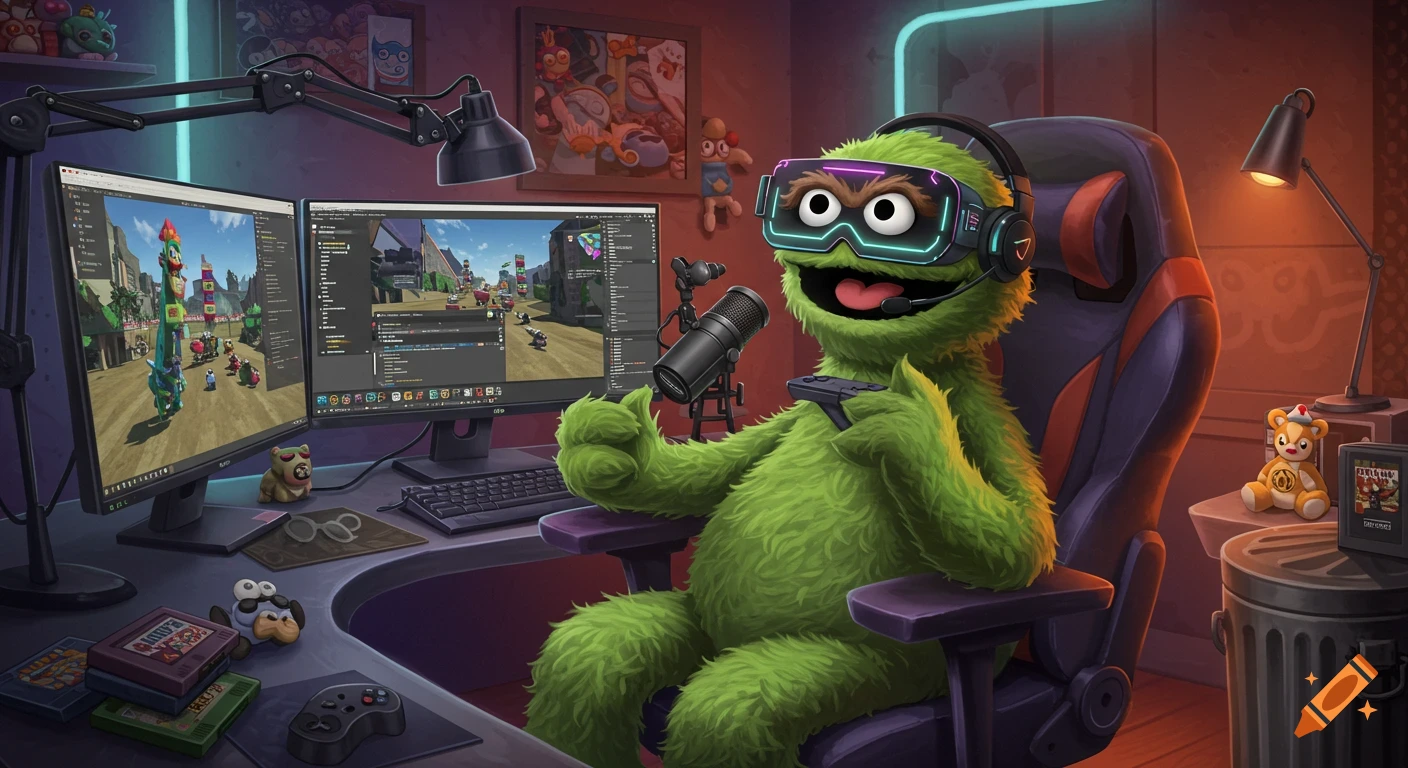 Oscar the Grouch, wearing VR goggles and headphones, sits in a gaming chair, giving a thumbs up while holding a controller. He is in a neon-lit gaming room with dual monitors displaying a game, a microphone, and various gamer accessories.