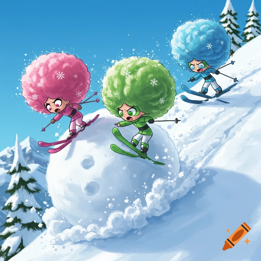 Three cartoon girls with large pink, green, and blue afro hair ski down a snowy mountain with a giant rolling snowball.