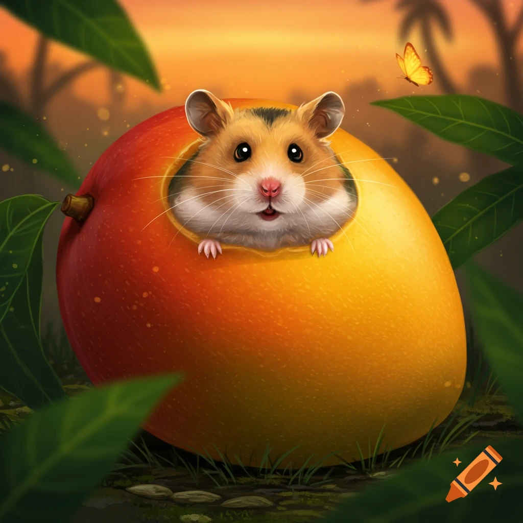 A cute hamster peeks out from a large mango in a vibrant jungle illustration with a butterfly.
