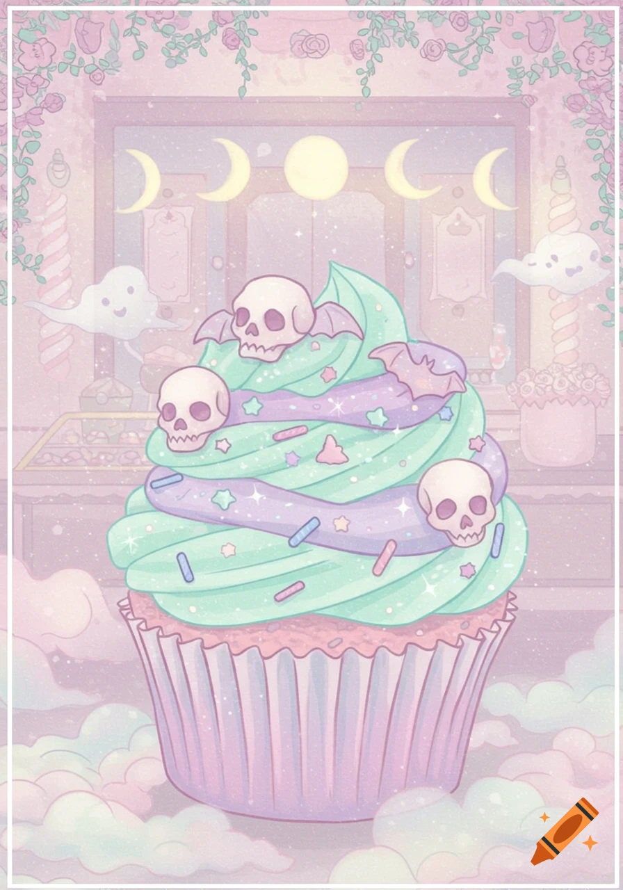 Pastel goth cupcake illustration with mint and lavender frosting, skull and bat wing toppers, sprinkles, set in a dreamy background with moons.