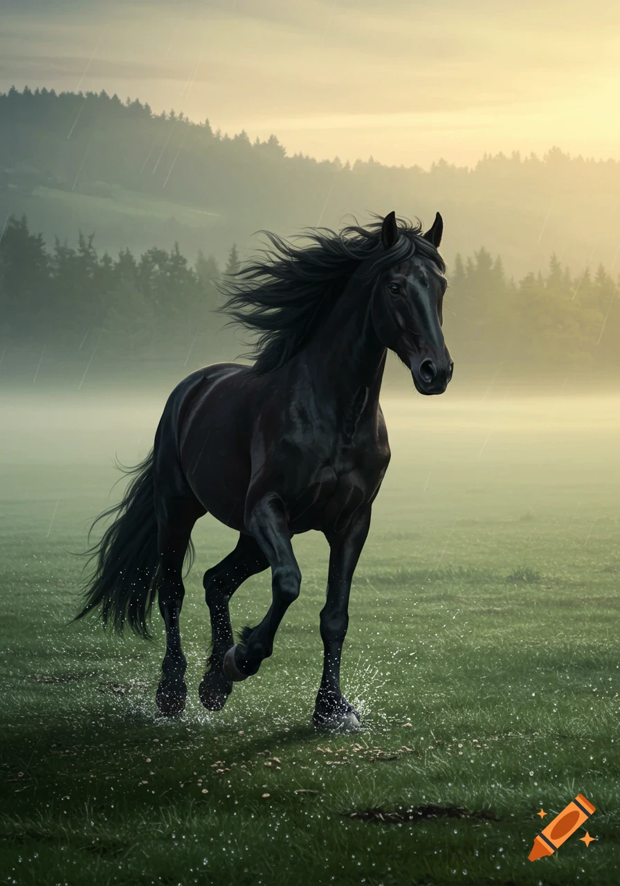 A majestic black horse with a flowing mane gallops through a misty, rainy green field with trees in the background.