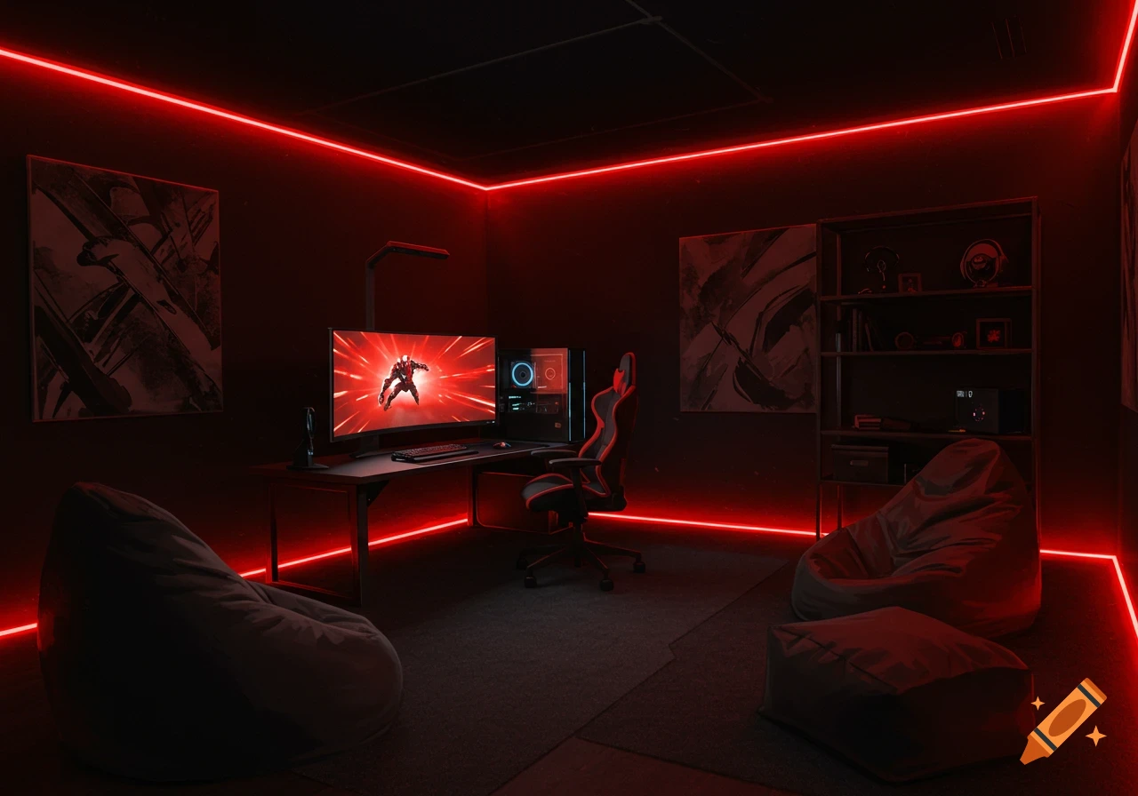 A dark gaming room with red LED strip lighting, a gaming PC setup, gaming chair, and bean bag chairs.