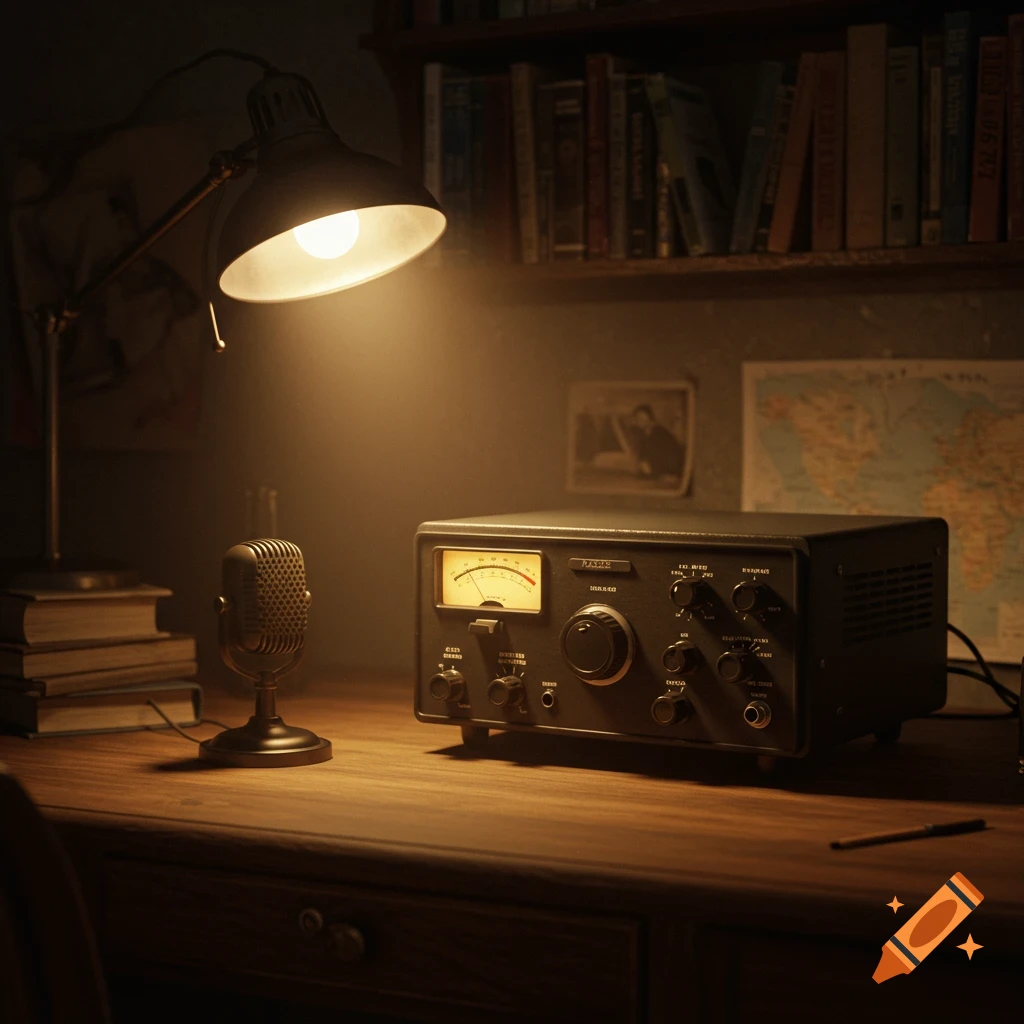 A vintage ham radio and microphone on a wooden desk, illuminated by a warm desk lamp. Books line a shelf in the background.