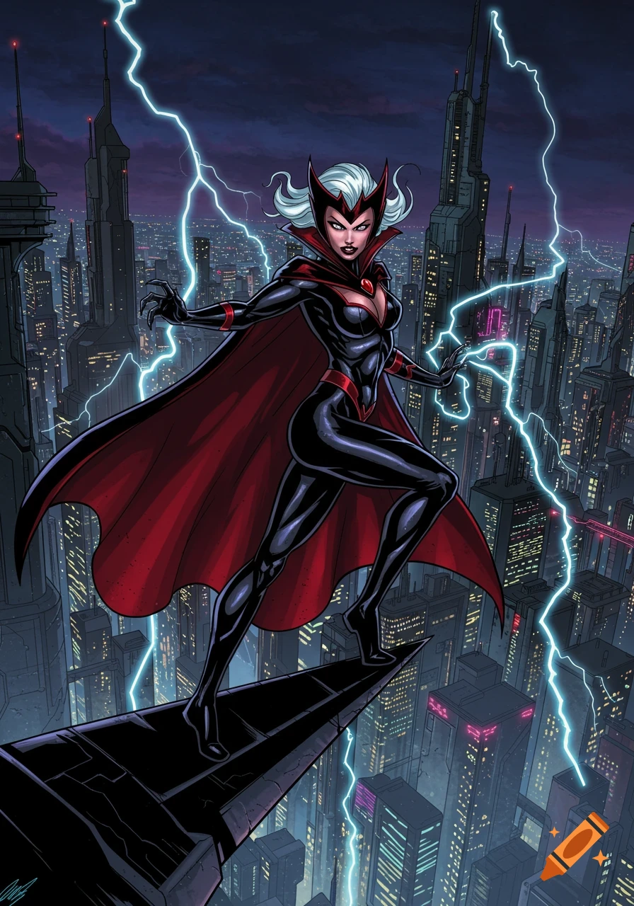 A white-haired female super villain in a black and red suit and red cape stands on a futuristic city rooftop with lightning, comic art.