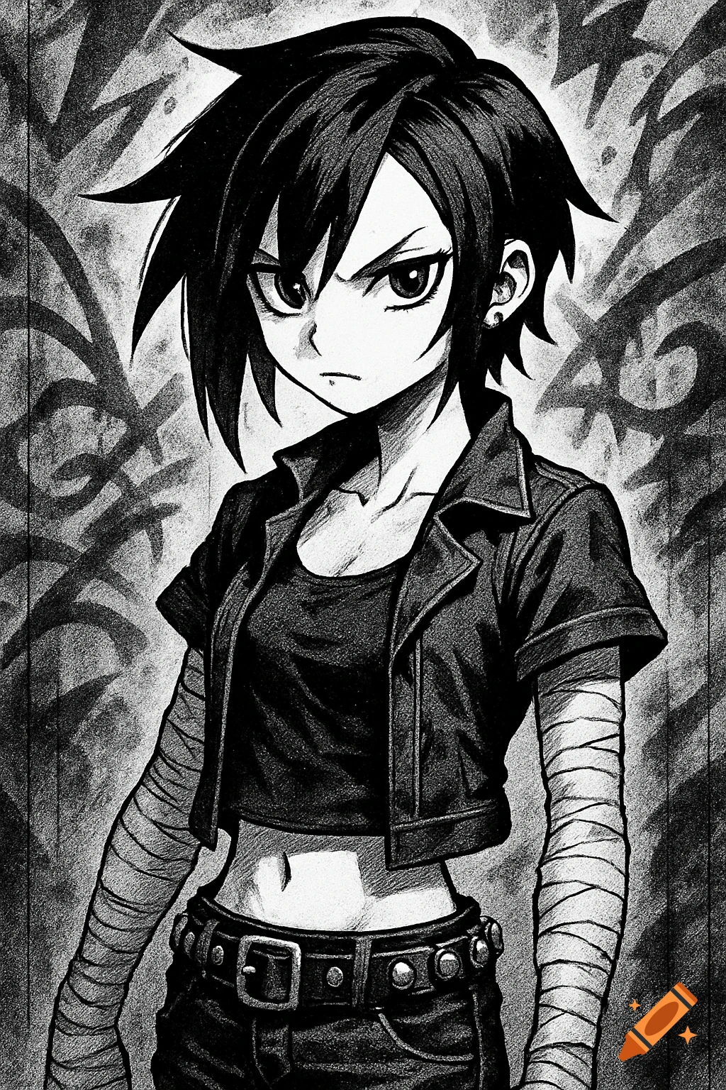 Black-and-white manga-style illustration of a rebellious rocker girl with bandages on her arms and a stern expression, against a graffiti background.