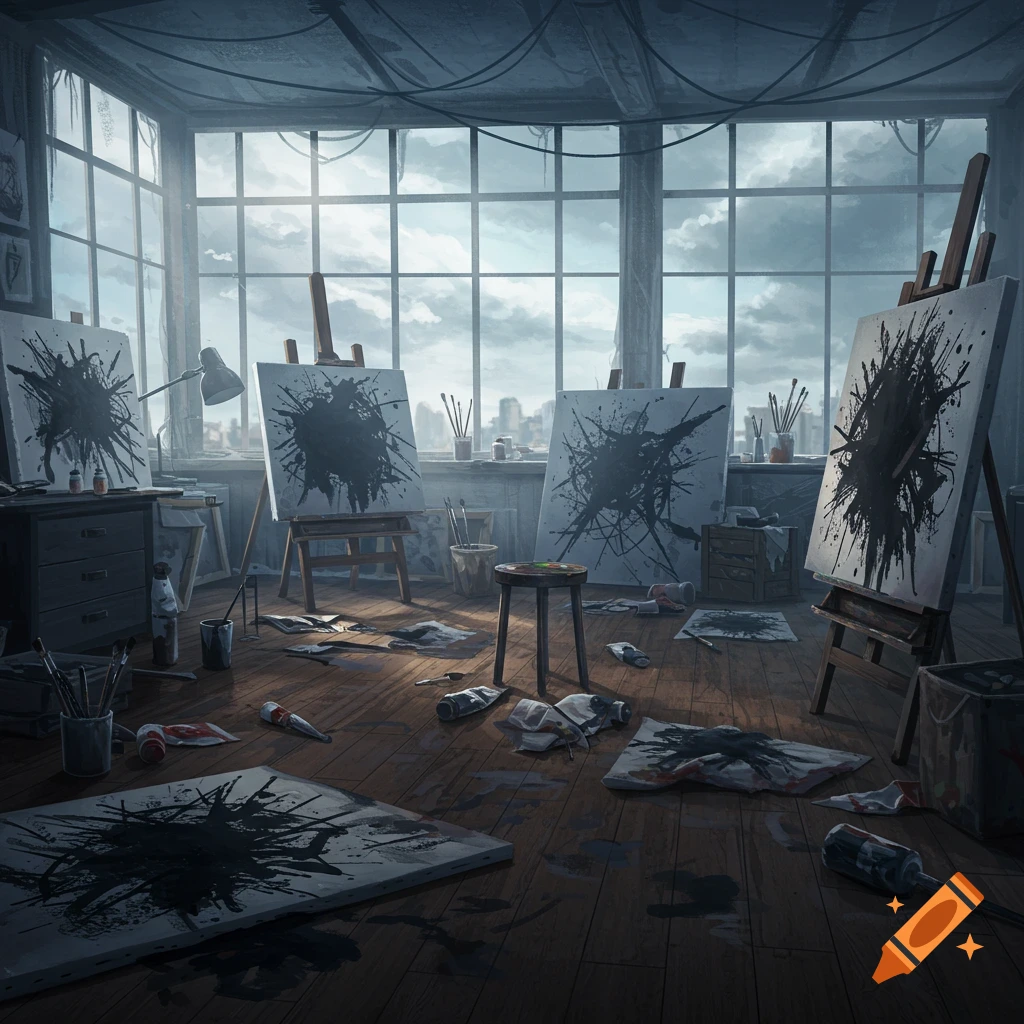 An abandoned art studio with multiple easels holding canvases with large black paint splotches, with a large window showing a cloudy sky. Anime style.