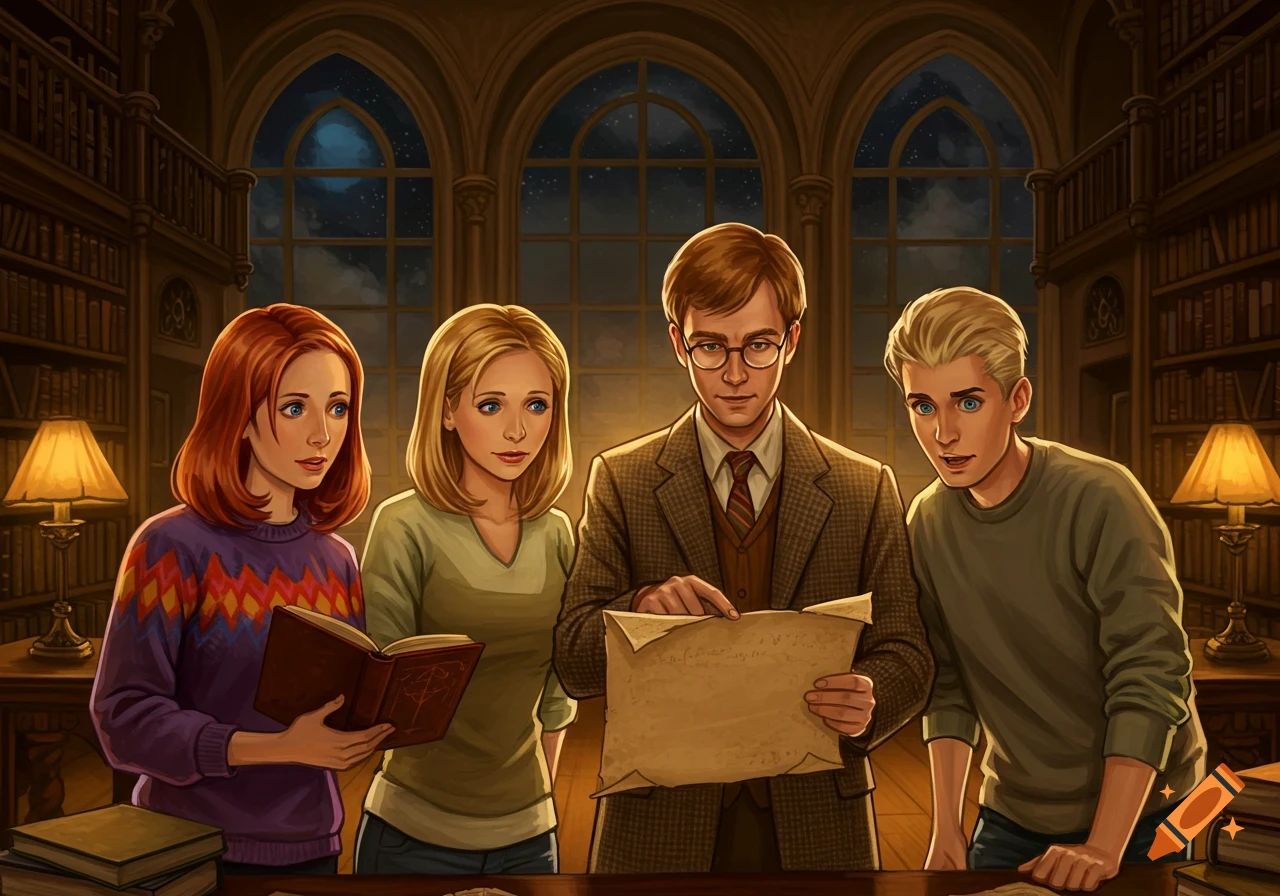 Four characters, two women and two men, in an illuminated library at night, gather around a table to examine a document and an open book. Stylized art.