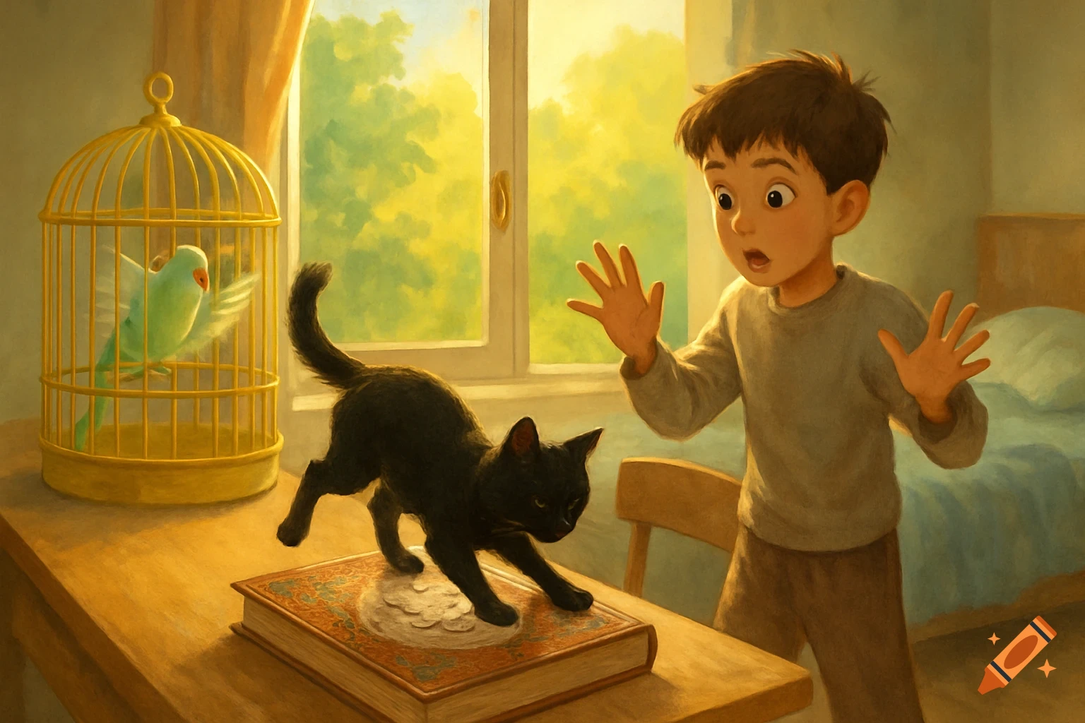 A boy reacts with surprise as a black cat stands on a book, looking at a green bird in a cage on a sunlit desk by a window.