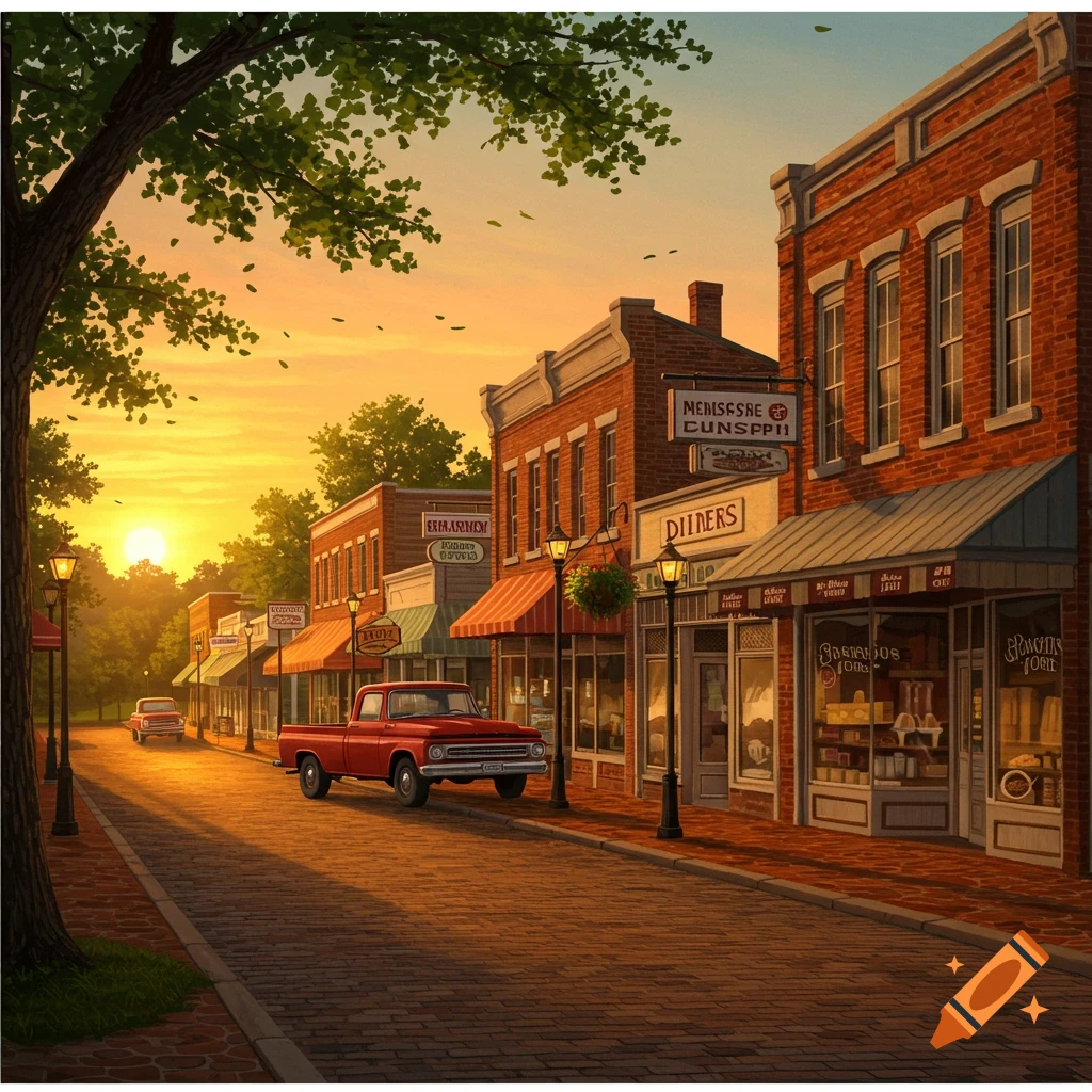 A vibrant, painterly illustration of a vintage small town main street at sunset, with brick buildings, shops, and classic red pickup trucks.