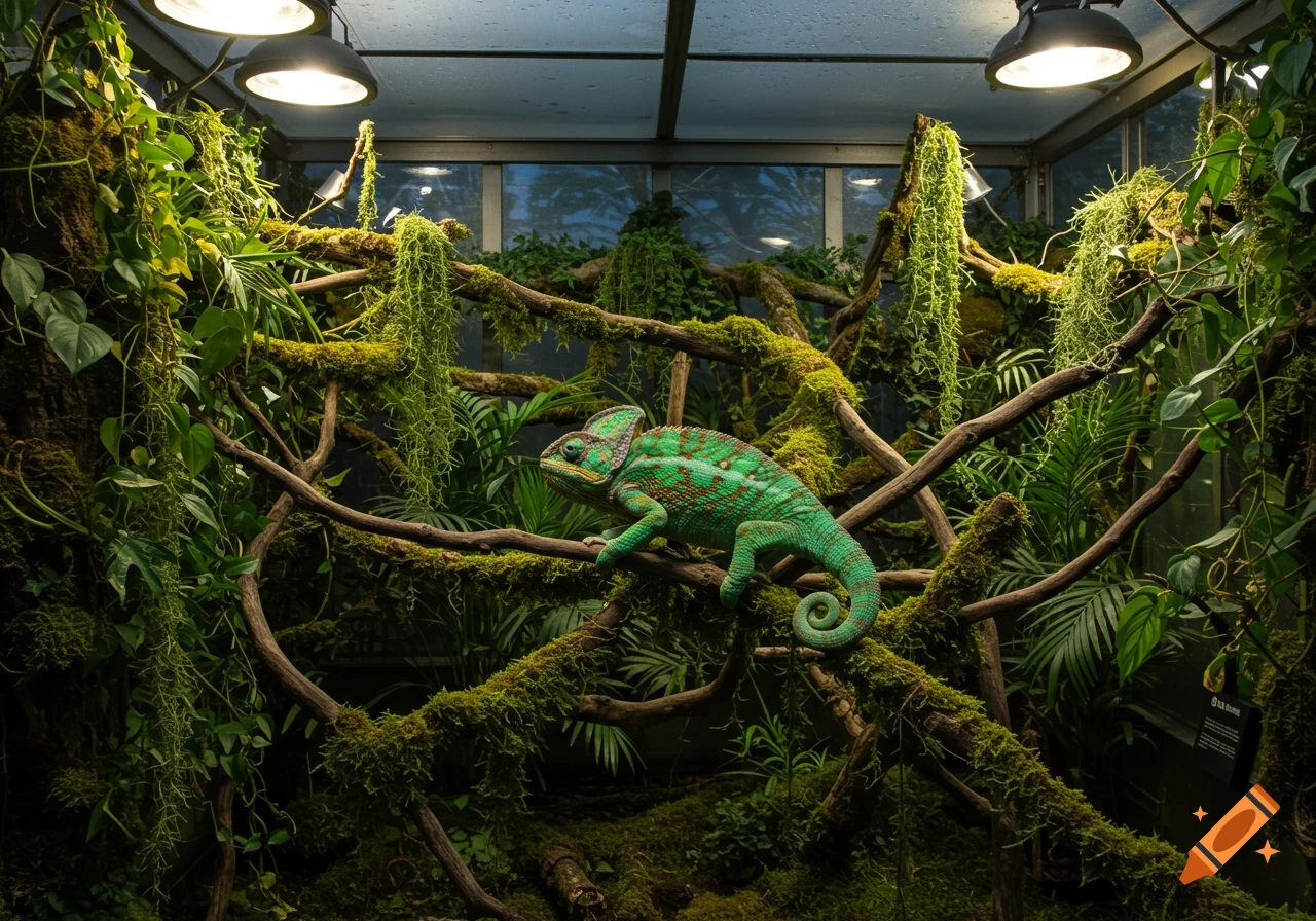 A vibrant green chameleon with orange patterns perches on mossy branches in a lush, artificial jungle enclosure under bright lamps.